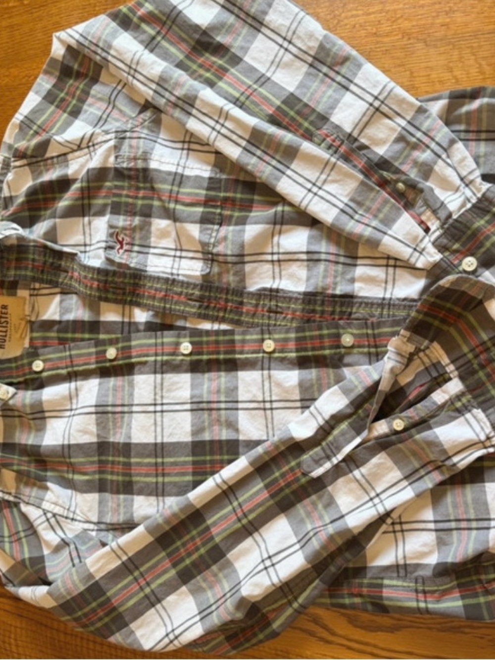 Hollister Men's White Plaid Button-Down Shirt with Green Accents
